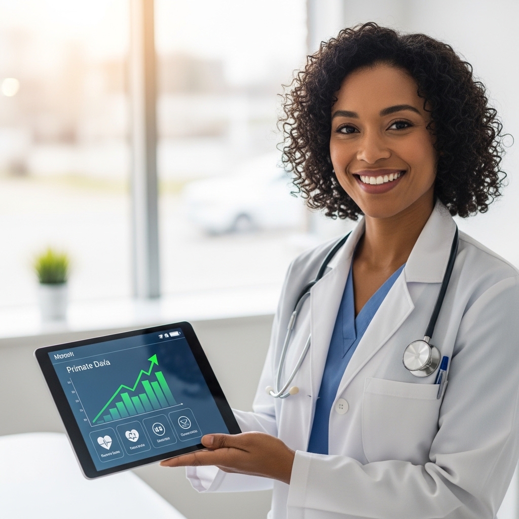 Healthcare provider reviewing remote patient monitoring data on tablet showing clinical analytics dashboard